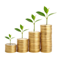 Gold coins stacked progressively taller, each adorned with a growing green plant, representing investment growth, sustainability, and eco-friendly wealth accumulation, On a transparent background