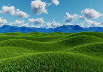 Fototapeta premium Serene 3D Render: Lush Green Hills & Blue Mountains