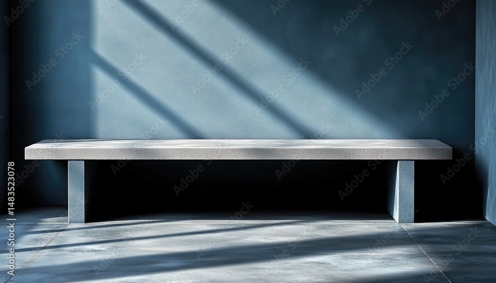 Poster minimalist concrete bench against a dark blue textured wall with sunlight. use this for displaying p