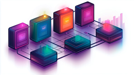A minimalistic vector icon depicting a blockchain network of six interconnected nodes. Each node is a cube connected to other lines with data points. The style is flat design, using a gradient from pu