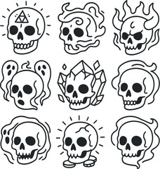 Magical skull icons set &ndash; outline, mystic and spooky decorative designs