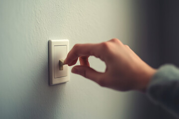 person is reaching for a light switch. The switch is white and is located on a wall