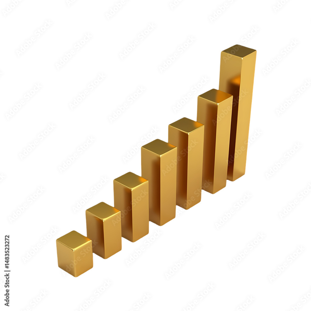 Poster golden bar graph showing an upward trend in a diagonal view isolated on transparent background