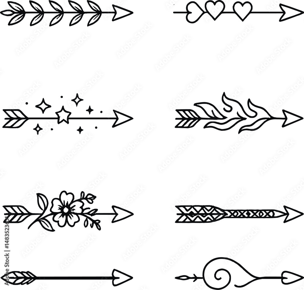 Poster decorative arrows icons set – outline style, simple and elegant arrow symbols collection