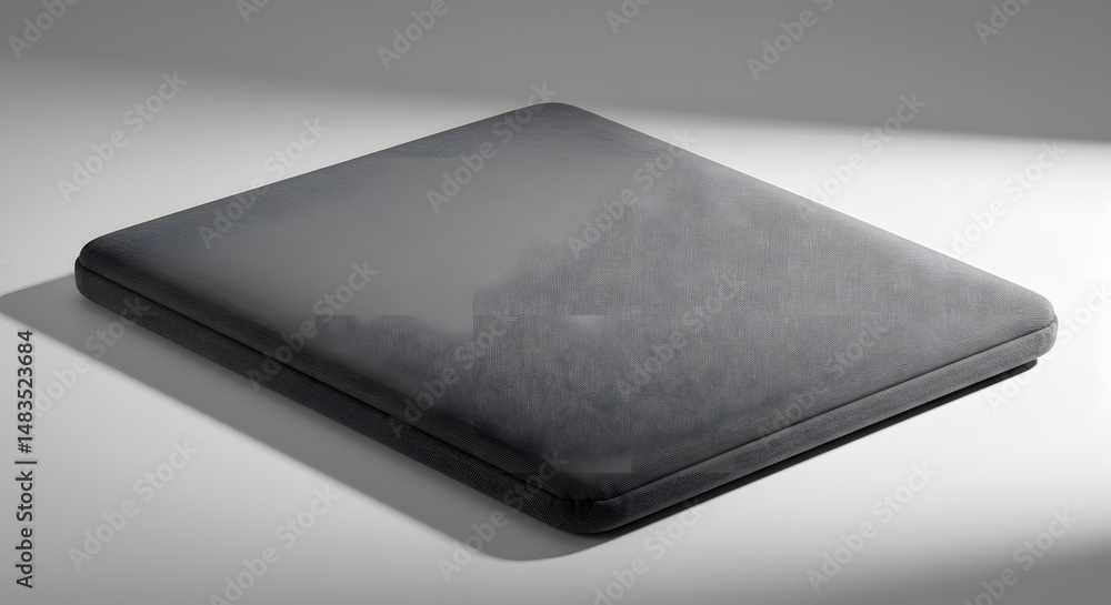 Poster a gray square cushion resting on a white surface in a simple studio setting view