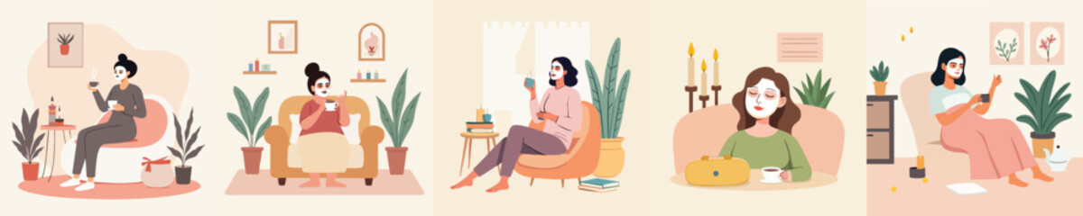 Relaxing Self-Care Routine of Women at Home with Facial Mask and Hot Drink