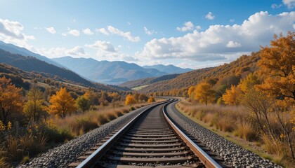 Fototapeta premium Autumnal Railroad Journey Through Majestic Mountains