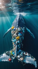 Ocean pollution and whales: photograph demonstrates a horrifying scene of a whale suffering from plastic waste, visualizing the environmental catastrophe and the need to protect marine ecosystems.
