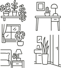 Houseplant decor icons set – outline, indoor greenery and botanical design symbols