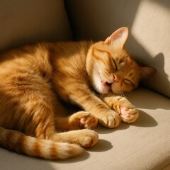 Sleeping Ginger Cat on Sunny Sofa - Cozy and Relaxed