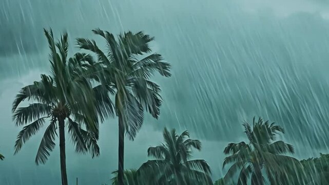 Tropical palm trees sway in the wind on a summer beach, a perfect island paradise illustration