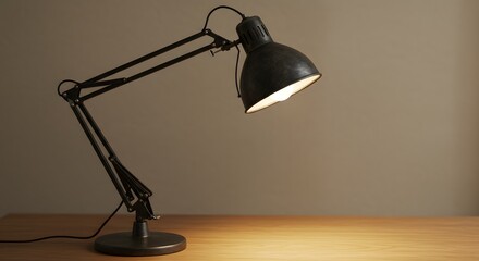 A black adjustable desk lamp illuminates a wooden surface against a neutral backdrop