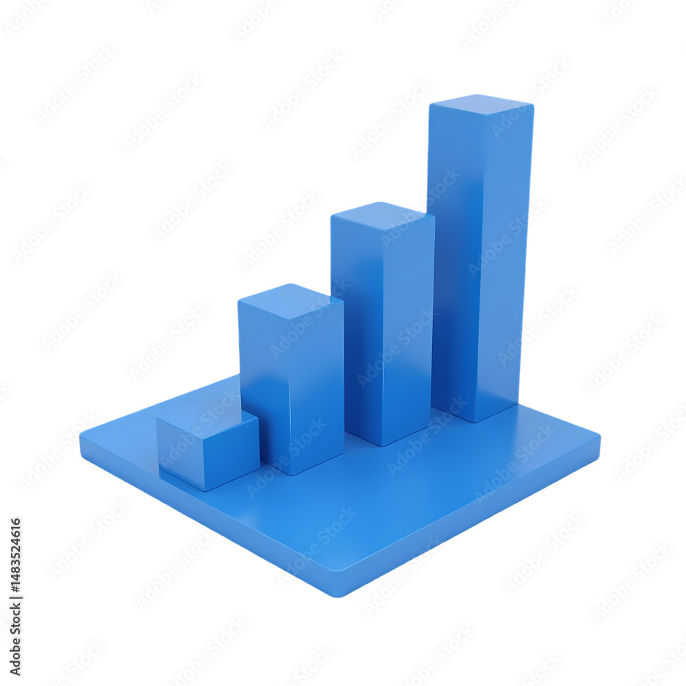 Poster a blue bar graph showing increasing values on a blue surface isolated on transparent background