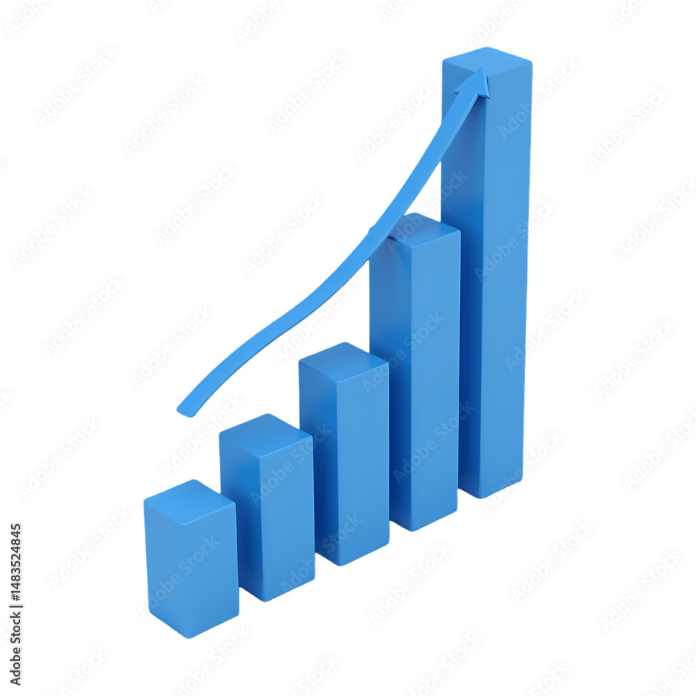 Poster a blue bar graph with an arrow indicating upward trend display growth isolated on transparent backgr