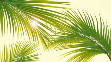 Obraz premium Tropical palm leaves, sunlit, with a hint of soft, hazy sky