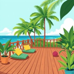 Fototapeta premium Tropical deck with seaside view, scattered cushions, lush plants