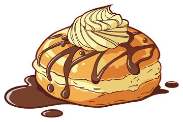 122 Highly detailed, hyper-realistic digital illustration, warm chocolate drippings, delectable cream topping, freshly baked pastry, golden caramelized exterior, luscious crumb texture, vibrant color 