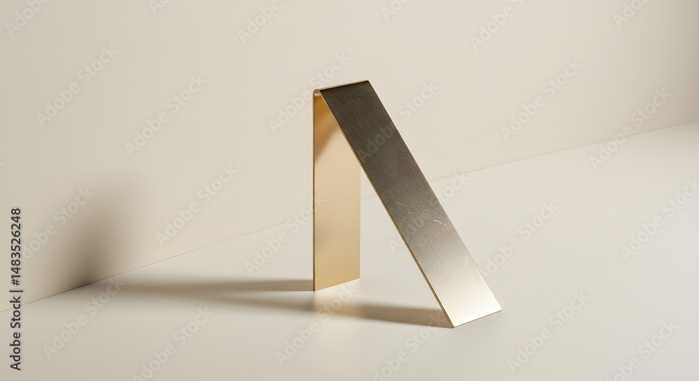 Poster a golden metallic object standing on a surface in a minimal light and shadow setting
