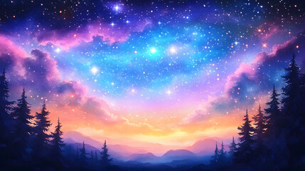 Fototapeta premium Beautiful fantasy starry night sky, blue and purple colorful, galaxy and aurora 4k wallpaper. cosmic watercolor illustration. Colorful space background with stars