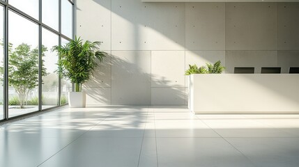 Modern, minimalist lobby with natural light.  Large windows showcase a tranquil outdoor scene, while potted plants add a touch of nature.  