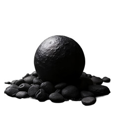 A large black ball sitting on top of a pile of rocks