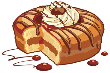 122 Highly detailed, hyper-realistic digital illustration, warm chocolate drippings, delectable cream topping, freshly baked pastry, golden caramelized exterior, luscious crumb texture, vibrant color 