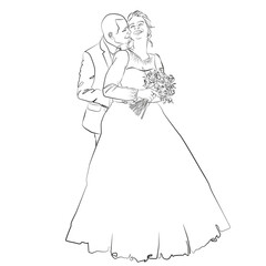 Newlyweds one line drawing. Happy wedding couple silhouette figures. Minimalist simple vector illustration. Wedding photo session art. Lovers print.