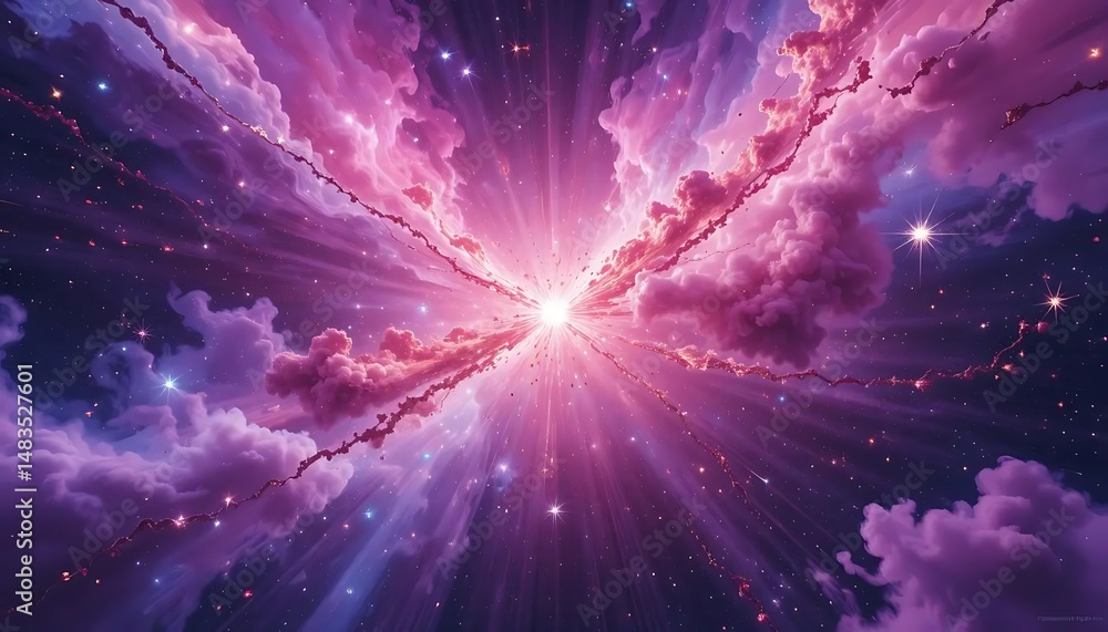 Poster stunning cosmic burst of light and energy illuminating nebula clouds in deep space, creating a mesme