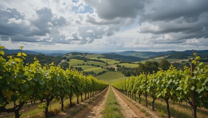 Naklejka premium Vineyard Landscape Under Cloudy Sky