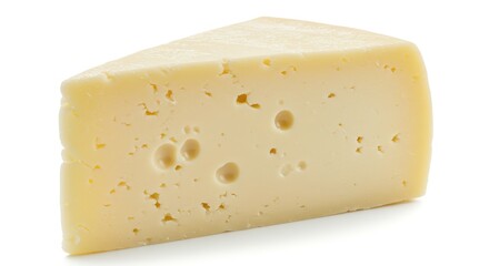 Wedge of cheese with holes isolated on white background studio shot.