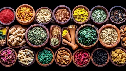 Colorful spices in bowls, dark background, food photography, recipe