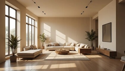 Serene living room interior with a large sectional sofa and natural light