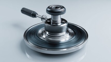 Precision mechanical device with a rotating disc, handle, and threaded components