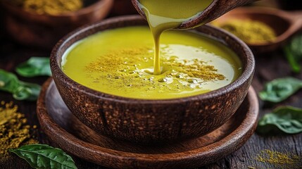 A wooden bowl fills with a vibrant yellow soup being poured from a spoon. Perfect for recipes, food blogs, and healthy lifestyle content creation.