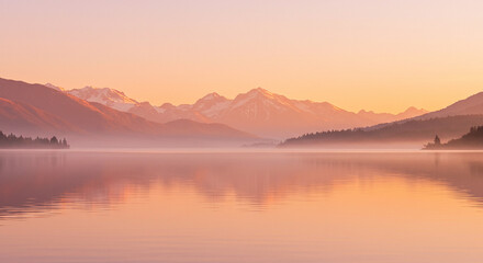 Fototapeta premium Stunning sunrise over a serene lake with majestic snow-capped mountains in the background.
