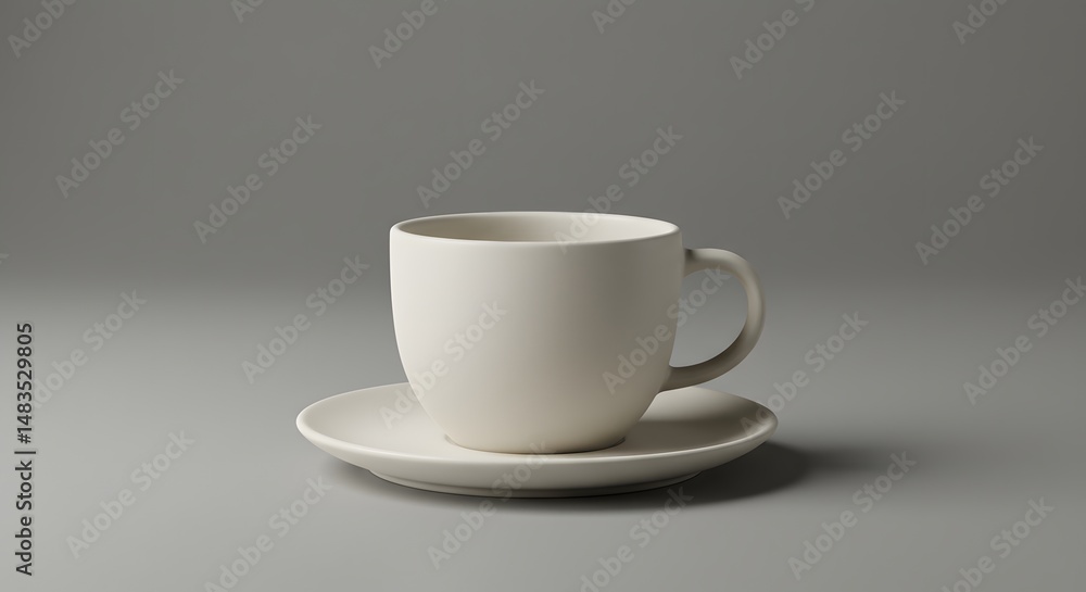 Poster a simple white teacup and saucer set on a gray surface in a studio setting light