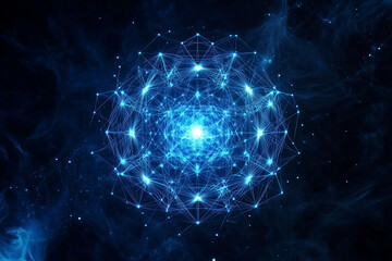  blue sphere with many small blue dots on it. The sphere is surrounded by a dark blue background