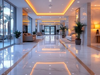 Fototapeta premium Luxury hotel lobby with palm trees and warm lighting design. Ideal for architectural, travel, or hospitality industry designs.