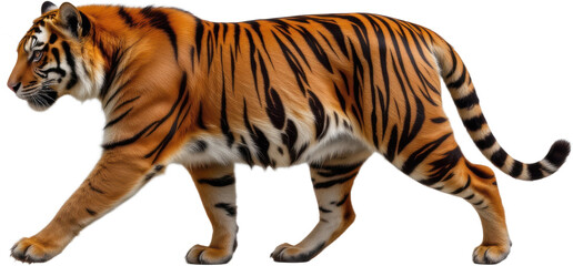 Obraz premium realistic tiger in mid step, isolated on white background