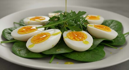 Boiled eggs sliced over a bed of spinach and arugula with olive oil drizzle