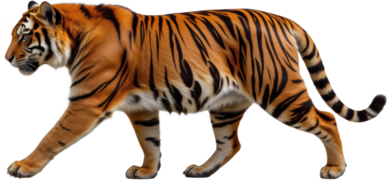 realistic tiger in mid step, isolated on white background