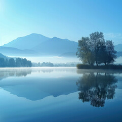 Fototapeta premium Peaceful lake dawn reflection mountains