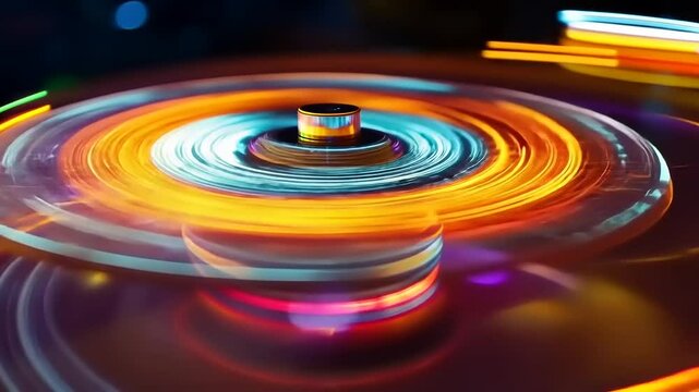 Colorful spinning top with vibrant light trails, creating a dynamic motion effect in a dark space