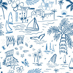 Blue hand drawn sea landscape seamless pattern. Summer vacation scene with houses, beach, palm, sailboats, coastal elements. Vector design for fabric, textile, wallpaper, background. Ink sketch style.