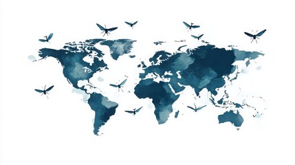 Obraz premium Watercolor World Map with Flying Insects