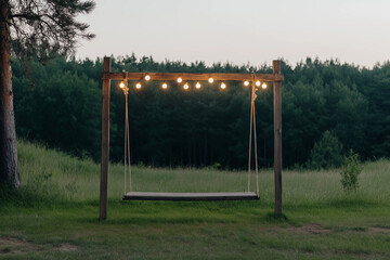 A peaceful wooden swing adorned with string lights, set amidst nature's greenery and trees as evening settles.