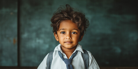 Cute little Indian or Pakistani boy about 6 years old curly messy haired in school uniform with backpack. Portrait on dark chalkboard background with copy space. Elementary school, return to school.