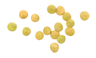 Close up pile of green lentils isolated on white background, top view, clipping path	