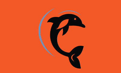 A stylized, black silhouette of a dolphin is depicted against an orange background. 