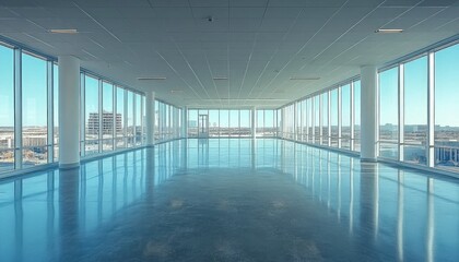 Bright empty office space features large windows with city view. Use this image to convey growth, potential, and new beginnings.